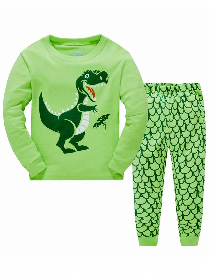 2st Pojkar Tecknad Dinosaur Print Pyjamas Set Söt Casual Termisk Rund Hals Långärmade Toppar Och Byxor För Vintern