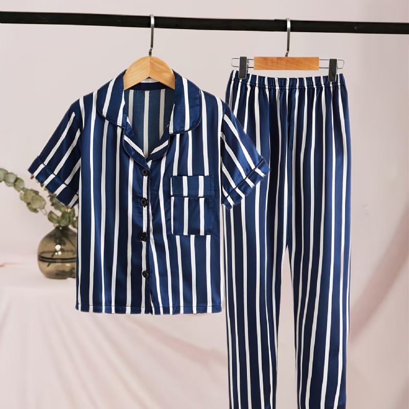 2st Småbarn Flickor Pj Set Barn Casual Blå Ribbad Krage Ärm Byxor Pyjamas Set