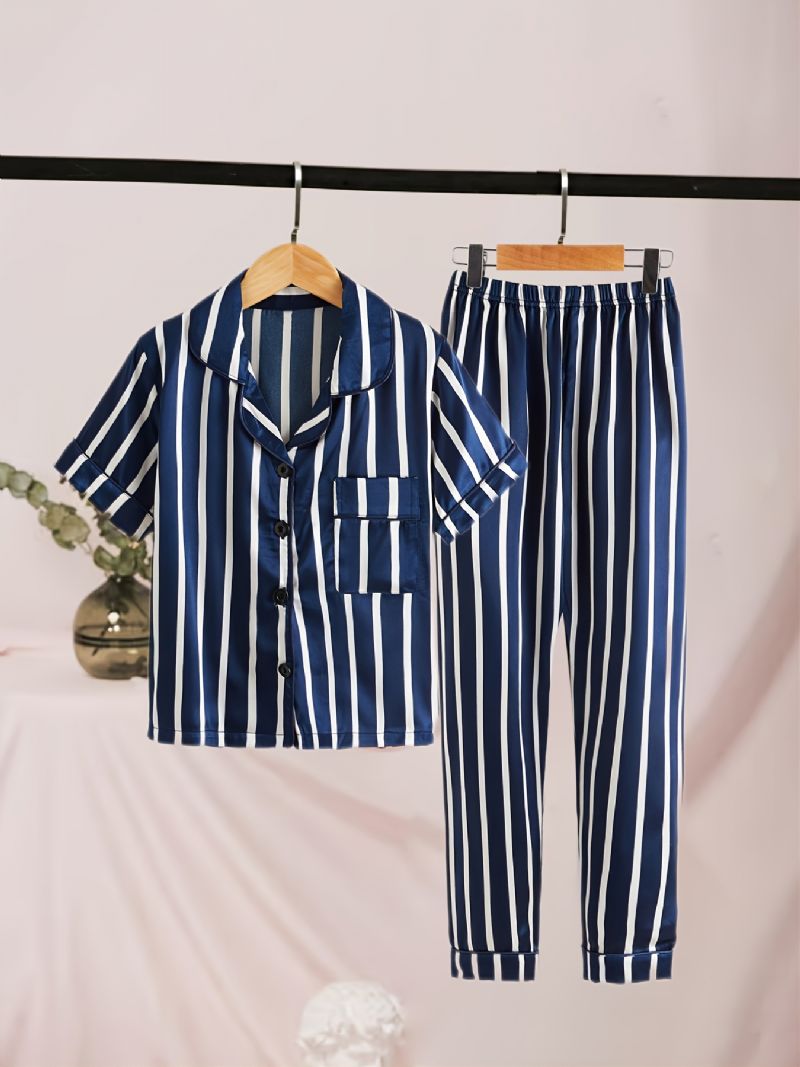 2st Småbarn Flickor Pj Set Barn Casual Blå Ribbad Krage Ärm Byxor Pyjamas Set