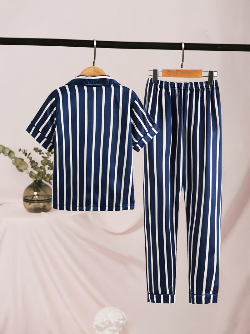 2st Småbarn Flickor Pj Set Barn Casual Blå Ribbad Krage Ärm Byxor Pyjamas Set