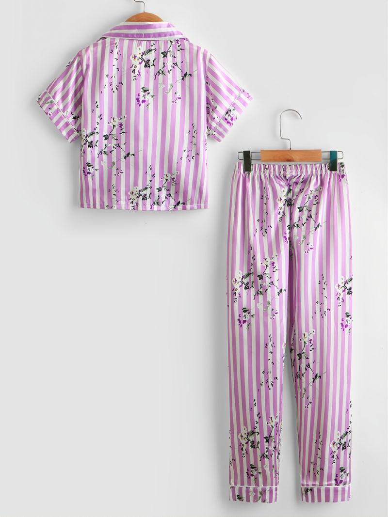 2st Småbarn Flickor Rosa Randig Ditsy Blommig Krage Ärmbyxor Casual Pyjamas Set P119-2