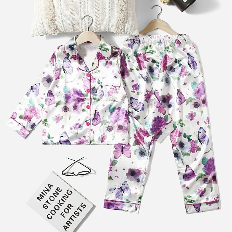 2st Tjejkrage Cardigan Pyjamasset Med Vitt Blommönster Lila Fjäril