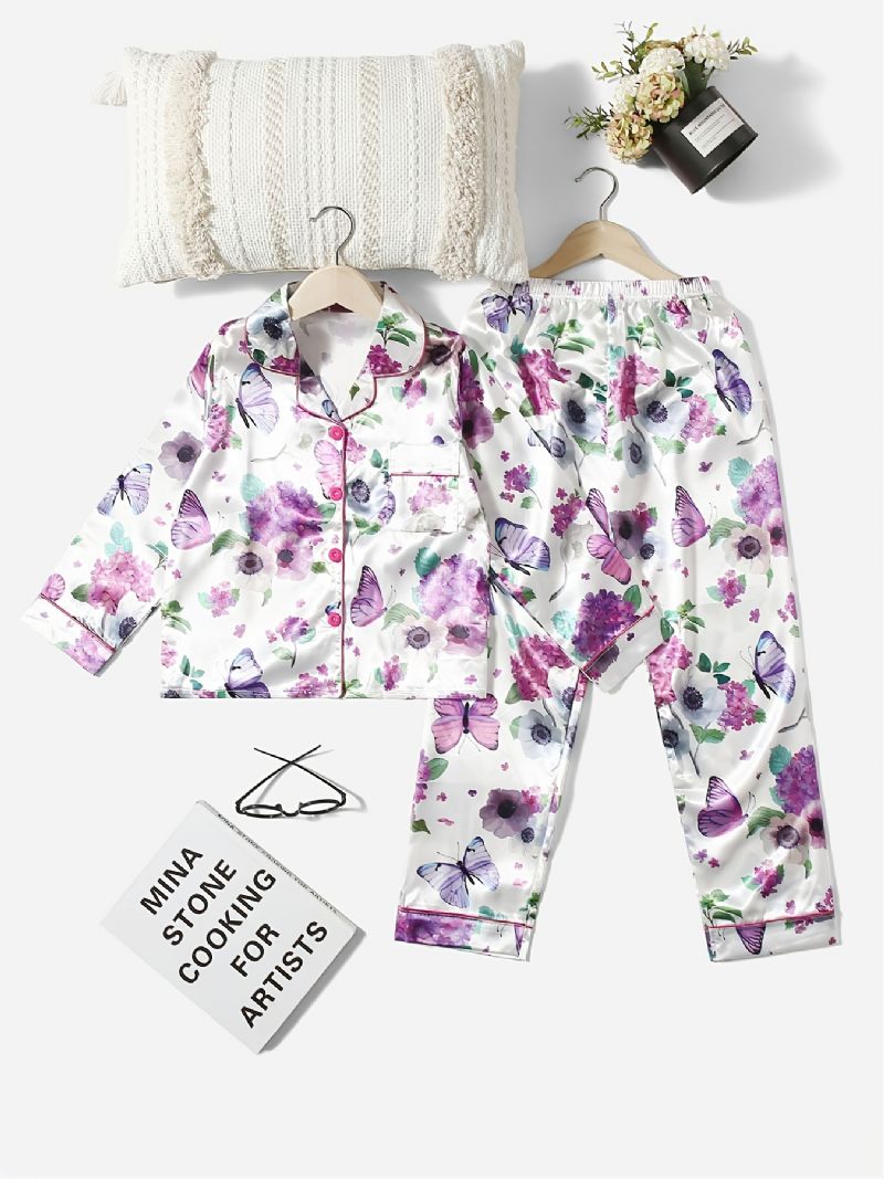 2st Tjejkrage Cardigan Pyjamasset Med Vitt Blommönster Lila Fjäril