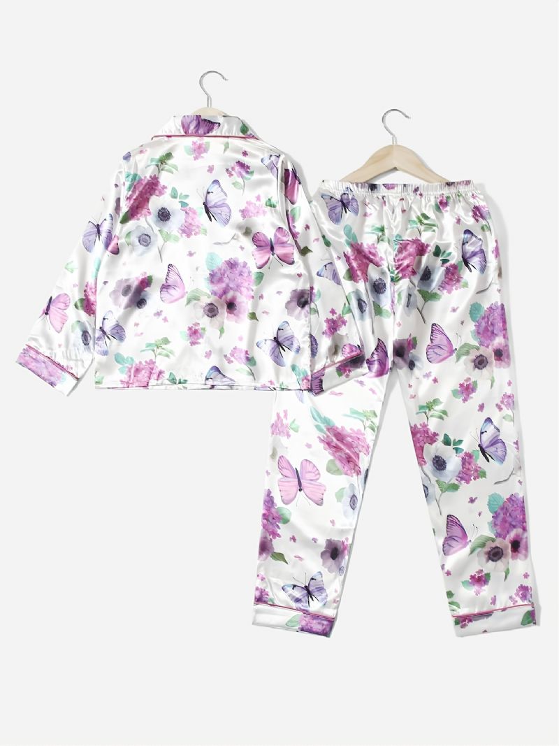 2st Tjejkrage Cardigan Pyjamasset Med Vitt Blommönster Lila Fjäril