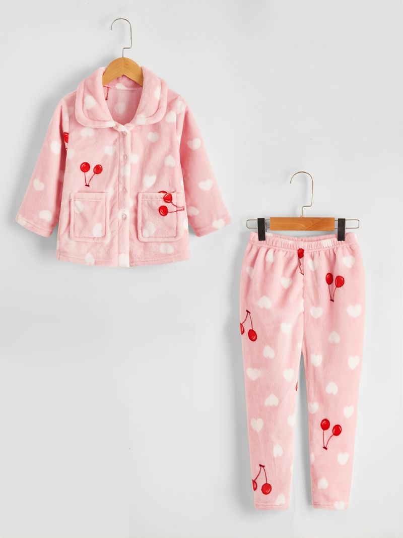 Barn Flickor Heart Cherry Flanell Pyjamas Sets Rosa