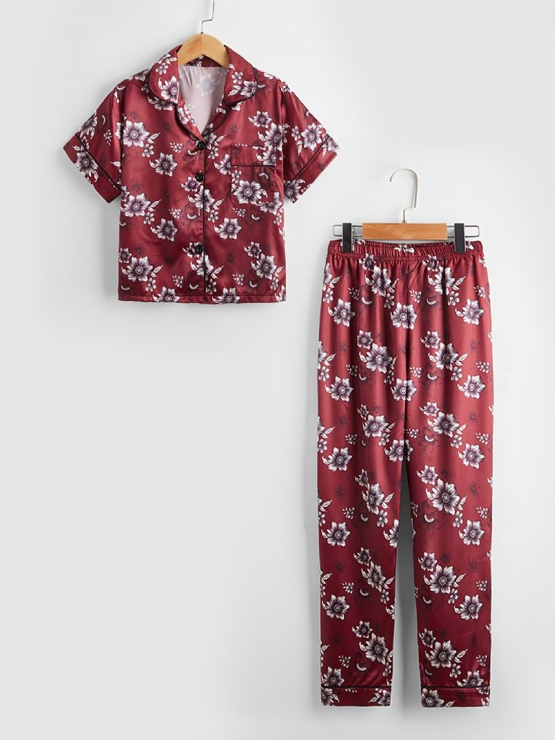 Barn Flickor Pojkar Blommönster Satin Lounge Wear Hemkläder Kortärmad Topp & Matchande Byxa Set Barnkläder Pyjamas Set