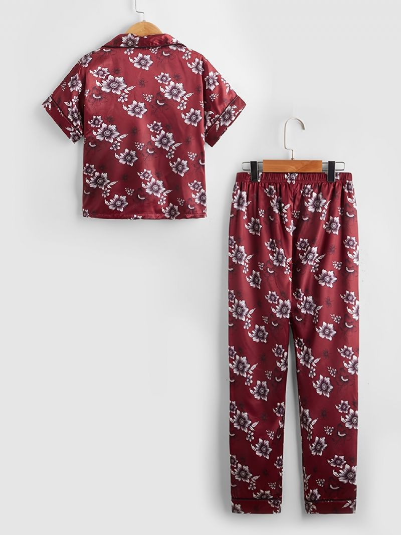 Barn Flickor Pojkar Blommönster Satin Lounge Wear Hemkläder Kortärmad Topp & Matchande Byxa Set Barnkläder Pyjamas Set