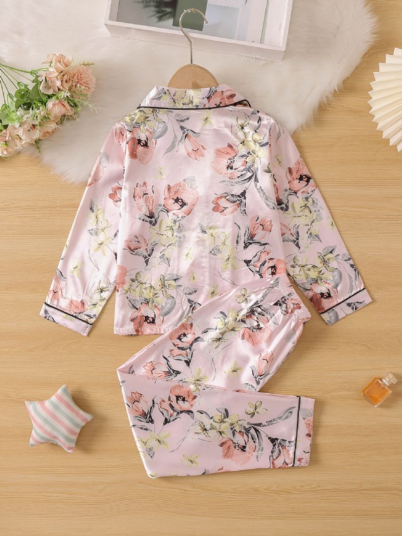 Barn Flickor Pojkar Blommönster Satin Lounge Wear Hemkläder Långärmad Topp & Matchande Byxset Barnkläder Pyjamasset