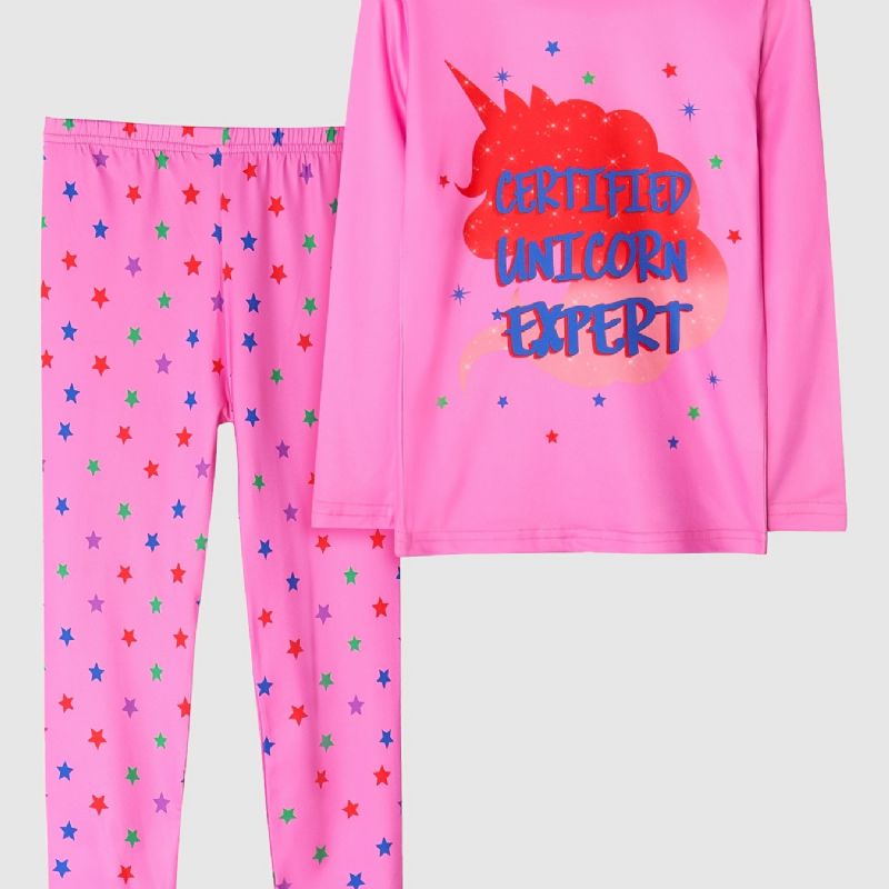 Barn Flickor Pyjamas Rosa Unicorn Print Rund Hals Långärmad Byxa Set