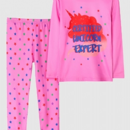 Barn Flickor Pyjamas Rosa Unicorn Print Rund Hals Långärmad Byxa Set