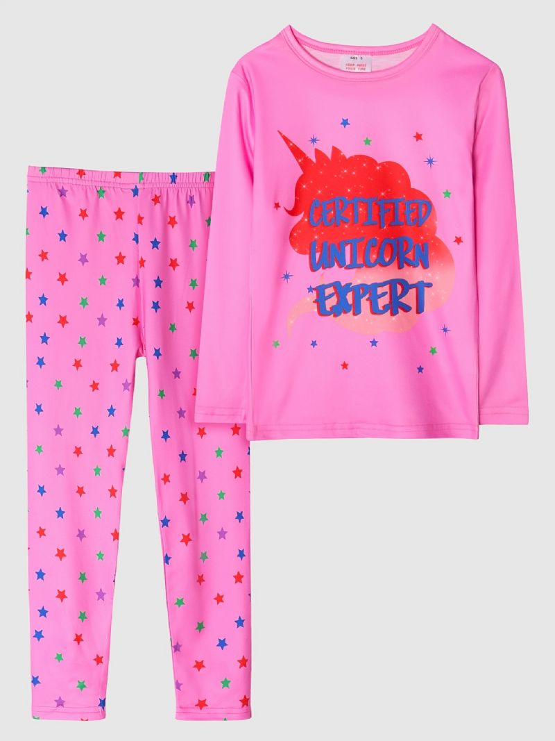 Barn Flickor Pyjamas Rosa Unicorn Print Rund Hals Långärmad Byxa Set