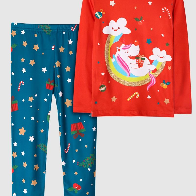 Barn Flickor Pyjamas Unicorn Moon Print Rund Hals Långärmad Topp & Byxor Set