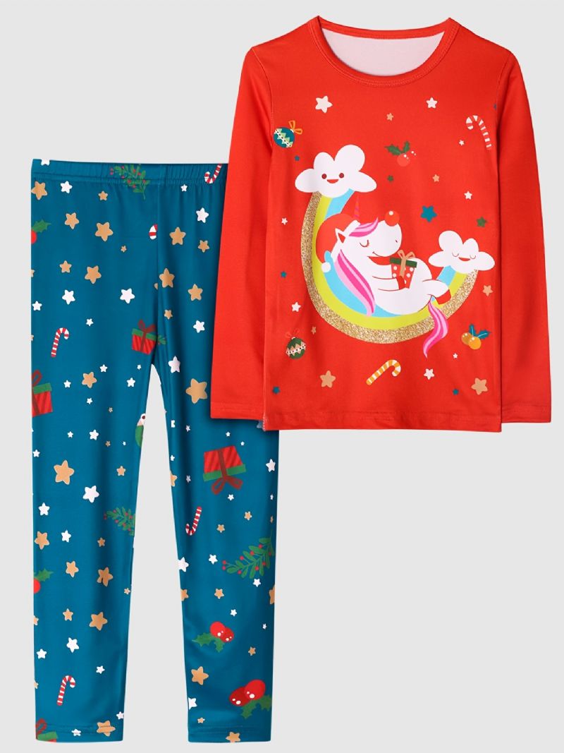 Barn Flickor Pyjamas Unicorn Moon Print Rund Hals Långärmad Topp & Byxor Set