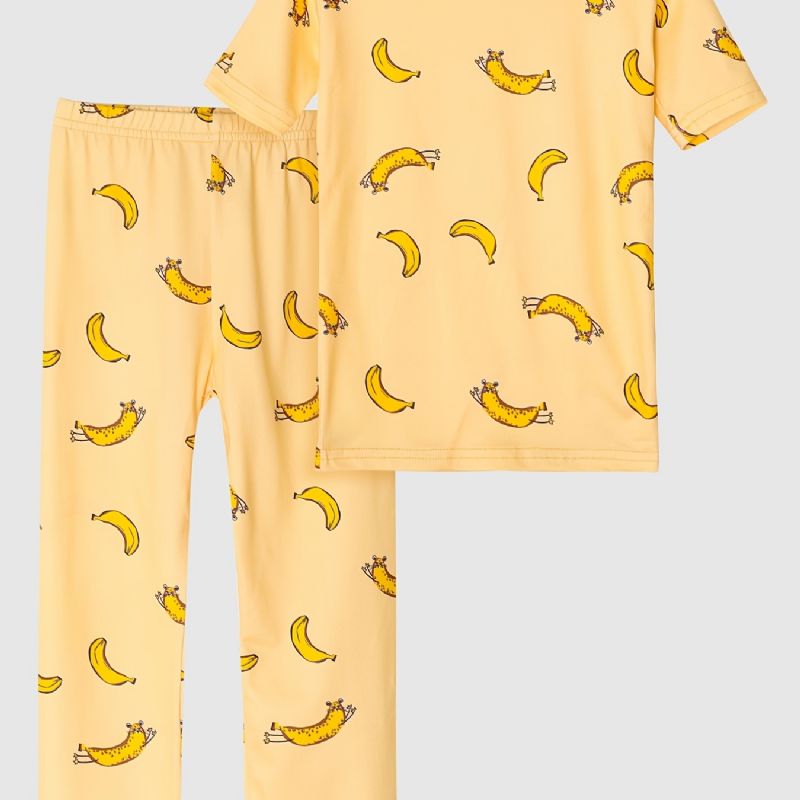 Barns Pyjamas Banantryck Rund Hals Kort Ärm & Byxor Set För Pojkar Flickor