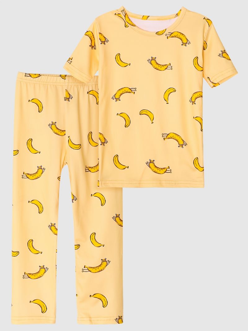 Barns Pyjamas Banantryck Rund Hals Kort Ärm & Byxor Set För Pojkar Flickor