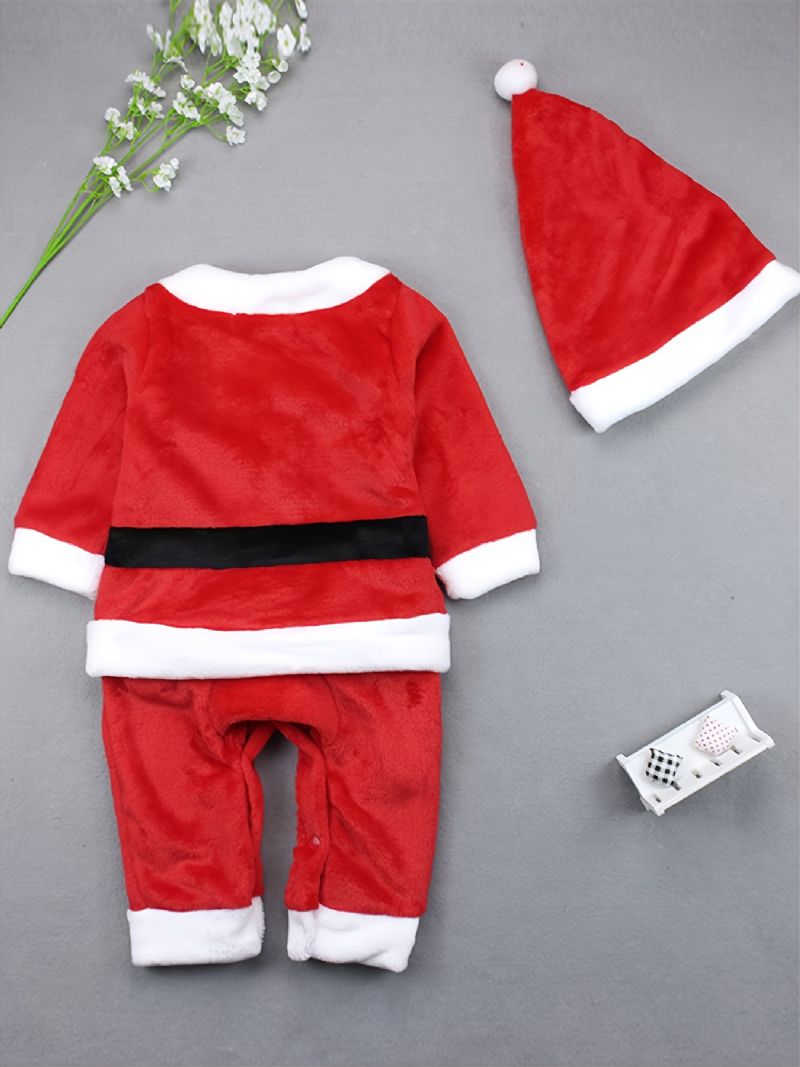 Bebis Casual Warm Christmas Långärmad Flanell Jumpsuit Pyjamas Med Hatt