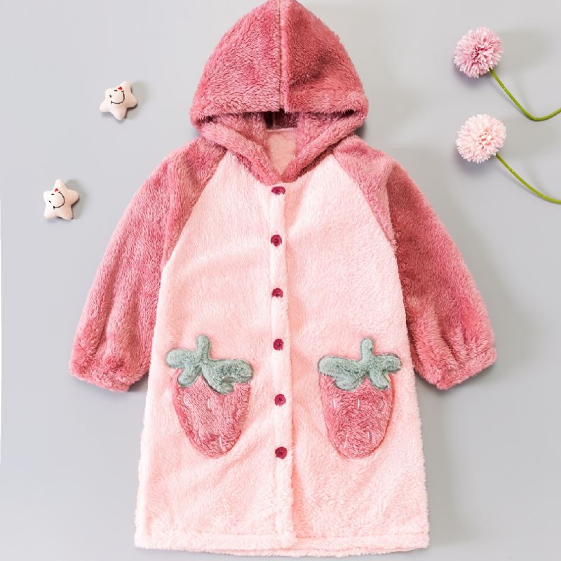 Bebis Flickor Hooded Color Block Morgonrock Jordgubbsknappar Pyjamas Coral Fleece Mjuk Varma Sovkläder Vinter Barnkläder