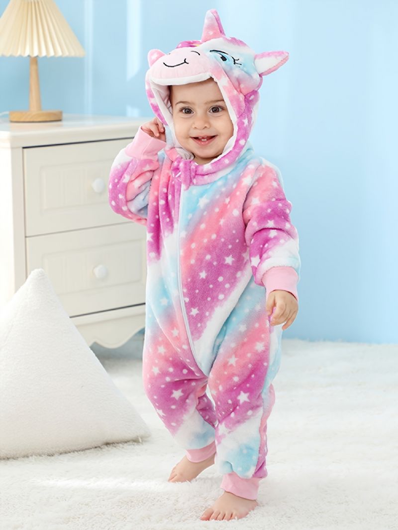 Bebis Flickor Hooded Pyjamas Söt Djur Mjuk Varm Dragkedja Jumpsuit Vinter