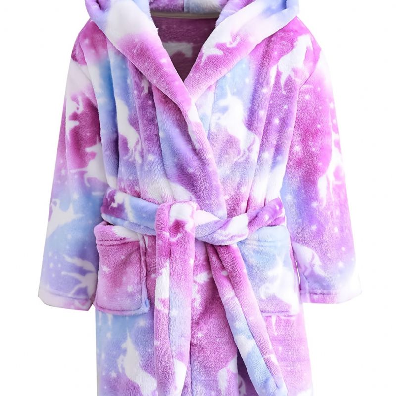 Bebis Flickor Huvmorgonrock Unicorn Flanell Pyjamas Mjukt Varmt Bälte Sovkläder Vinter Barnkläder