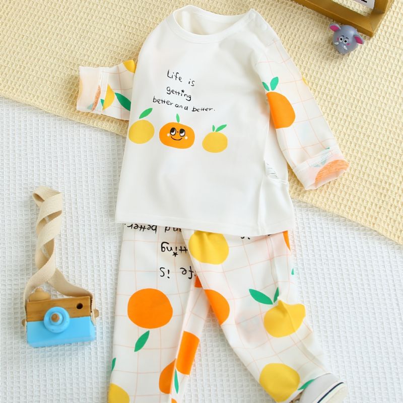 Bebis Flickor Pyjamas Familjeoutfit Orange Frukttryck Rundhalsad Långärmad Topp & Byxuppsättning Barnkläder