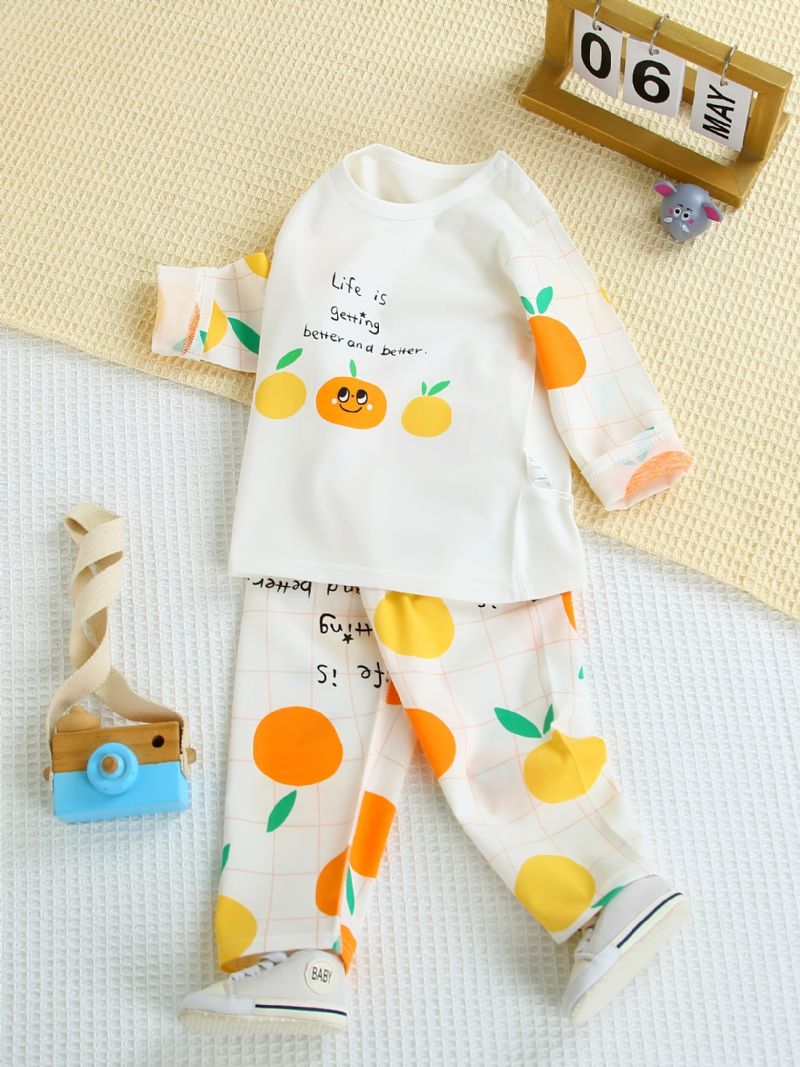 Bebis Flickor Pyjamas Familjeoutfit Orange Frukttryck Rundhalsad Långärmad Topp & Byxuppsättning Barnkläder