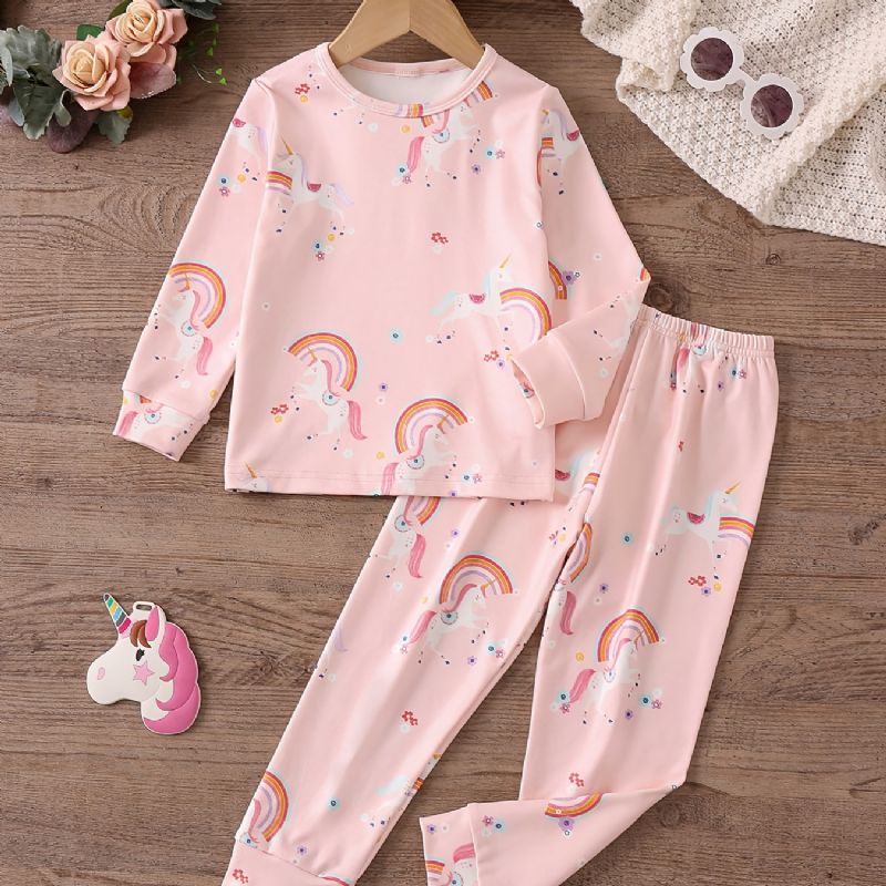 Bebis Flickor Pyjamas Familjeoutfit Unicorn Print Rund Neck Långärmad Topp & Byxa Set Barnkläder