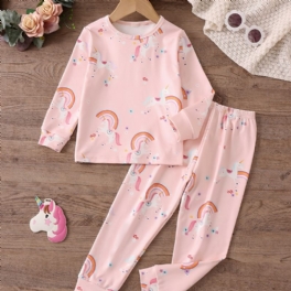 Bebis Flickor Pyjamas Familjeoutfit Unicorn Print Rund Neck Långärmad Topp & Byxa Set Barnkläder