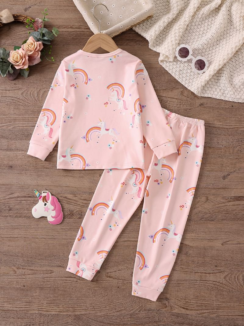 Bebis Flickor Pyjamas Familjeoutfit Unicorn Print Rund Neck Långärmad Topp & Byxa Set Barnkläder