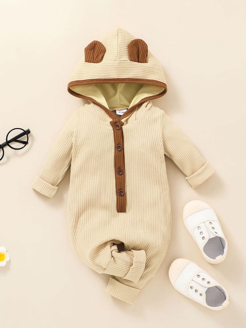 Bebis Ribbad Huva Jumpsuit Enfärgad Pyjamas Bodysuit Loose Fit Höst Vinter Outfits Kläder