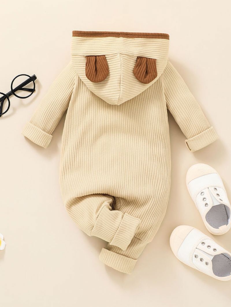 Bebis Ribbad Huva Jumpsuit Enfärgad Pyjamas Bodysuit Loose Fit Höst Vinter Outfits Kläder