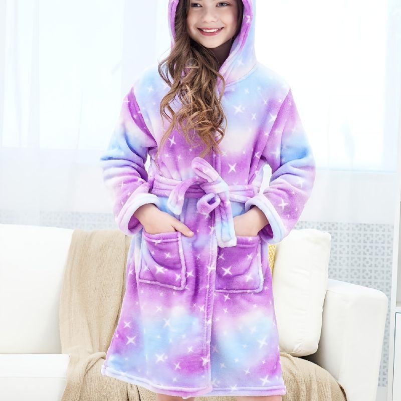 Fleece Långärmad Badrock Med Huva Lila Galaxy Flanell Barnkläder Sovkläder