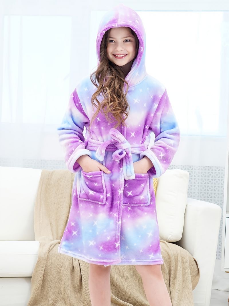 Fleece Långärmad Badrock Med Huva Lila Galaxy Flanell Barnkläder Sovkläder