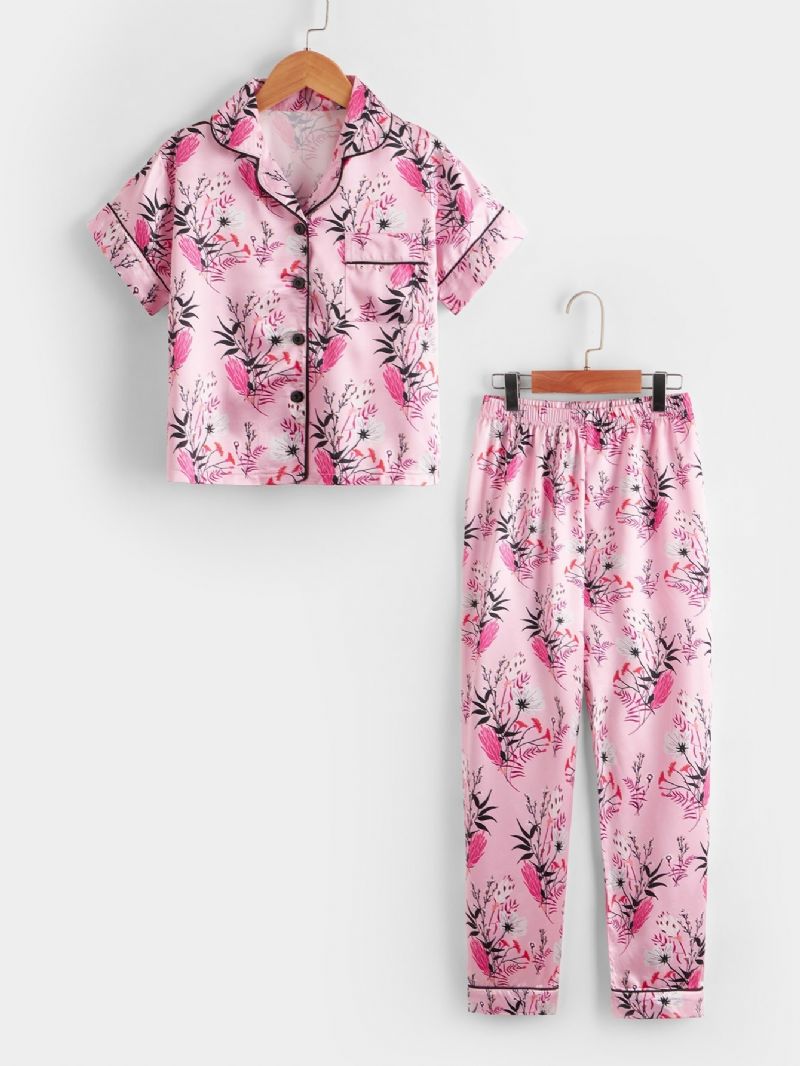 Flickor Blommönster Button Främre Satin Pyjamas Set