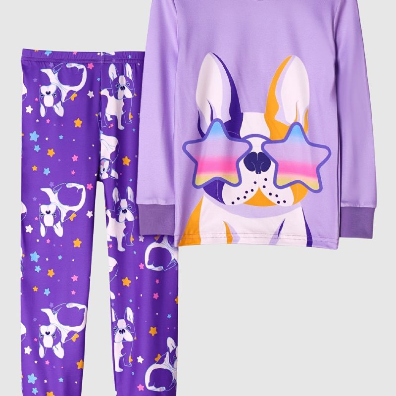 Flickor Casual Purple Cartoon Pyjamas Set Med Hundtryck Långärmad T-shirt & Star Dog Print Byxor