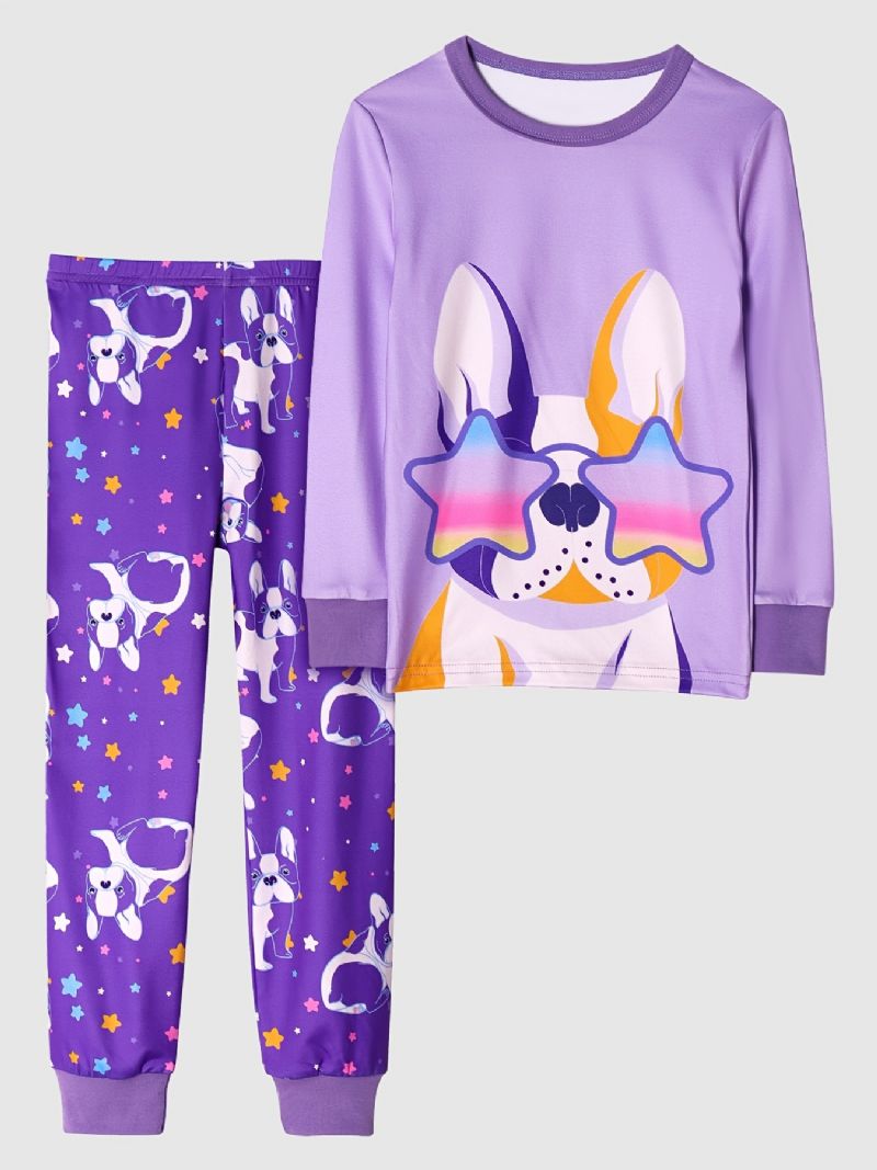 Flickor Casual Purple Cartoon Pyjamas Set Med Hundtryck Långärmad T-shirt & Star Dog Print Byxor