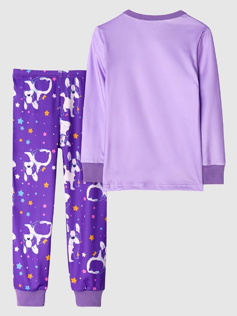 Flickor Casual Purple Cartoon Pyjamas Set Med Hundtryck Långärmad T-shirt & Star Dog Print Byxor