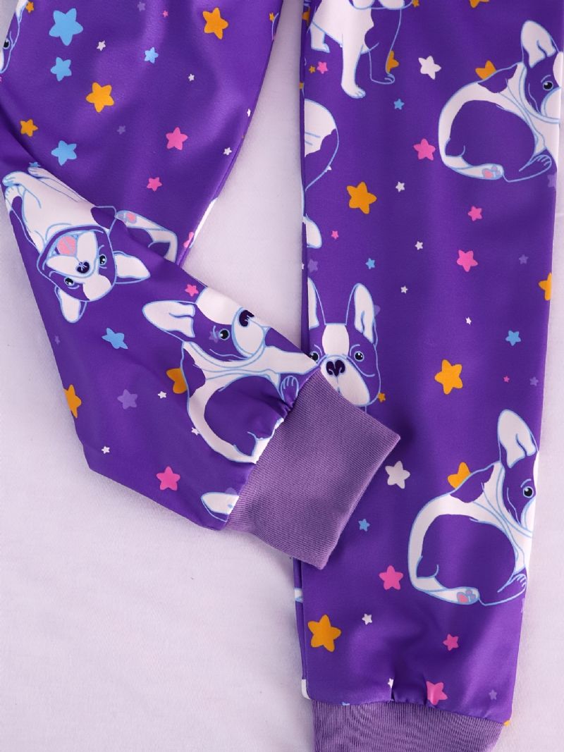 Flickor Casual Purple Cartoon Pyjamas Set Med Hundtryck Långärmad T-shirt & Star Dog Print Byxor