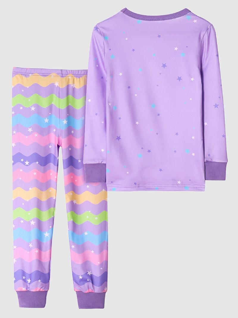 Flickor Casual Purple Cartoon Pyjamas Set Med Sjöjungfrutryck Långärmad T-shirt Och Byxor Med Vågtryck