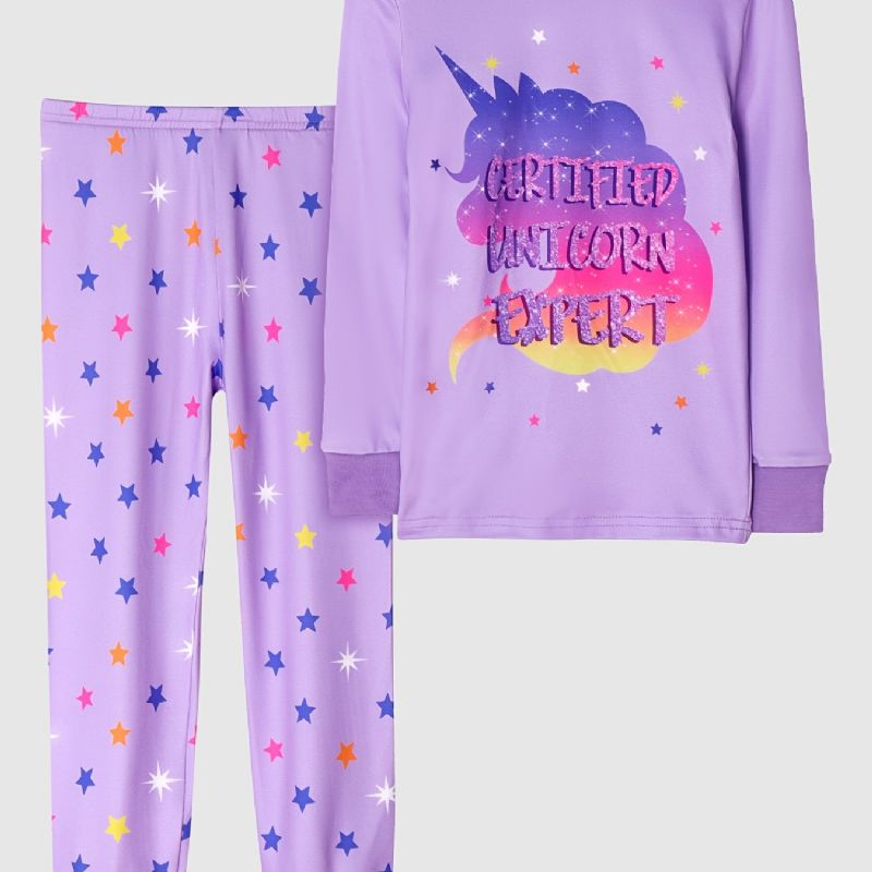 Flickor Casual Purple Cartoon Pyjamas Set Med Unicorn Letter Print Långärmad T-shirt Och Byxor Med Stjärntryck