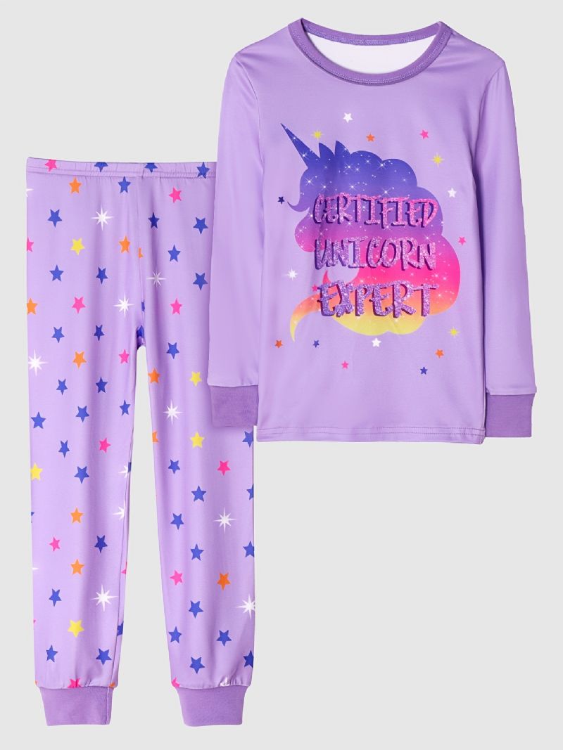 Flickor Casual Purple Cartoon Pyjamas Set Med Unicorn Letter Print Långärmad T-shirt Och Byxor Med Stjärntryck