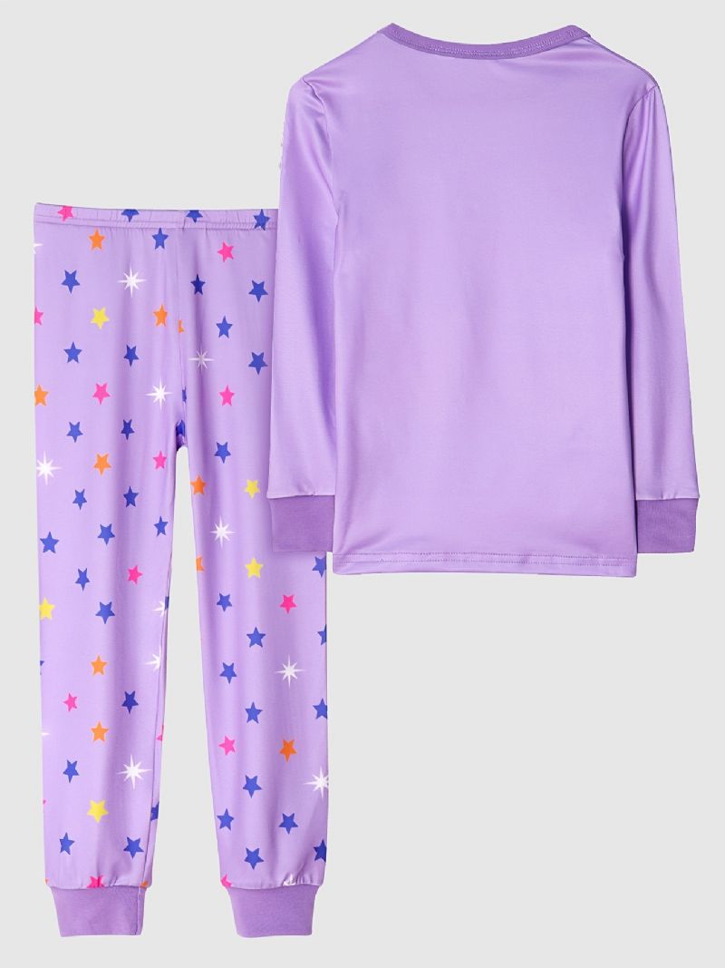 Flickor Casual Purple Cartoon Pyjamas Set Med Unicorn Letter Print Långärmad T-shirt Och Byxor Med Stjärntryck