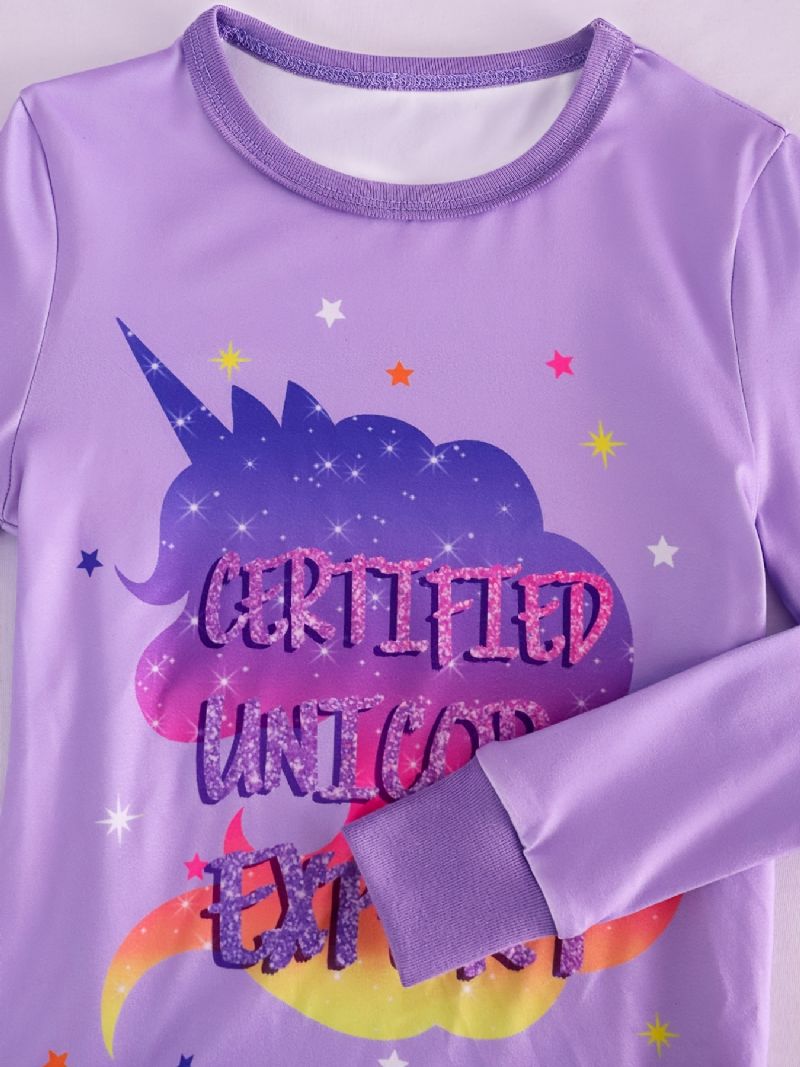 Flickor Casual Purple Cartoon Pyjamas Set Med Unicorn Letter Print Långärmad T-shirt Och Byxor Med Stjärntryck