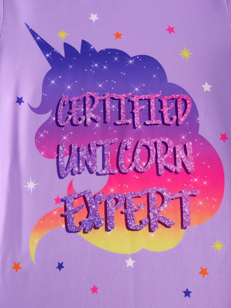 Flickor Casual Purple Cartoon Pyjamas Set Med Unicorn Letter Print Långärmad T-shirt Och Byxor Med Stjärntryck