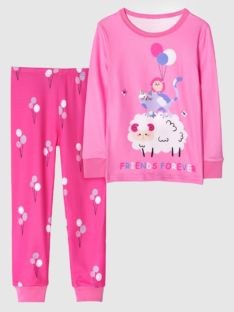 Flickor Casual Rosa Cartoon Pyjamas Set Med Får Katttryck Långärmad T-shirt Och Ballongbyxor