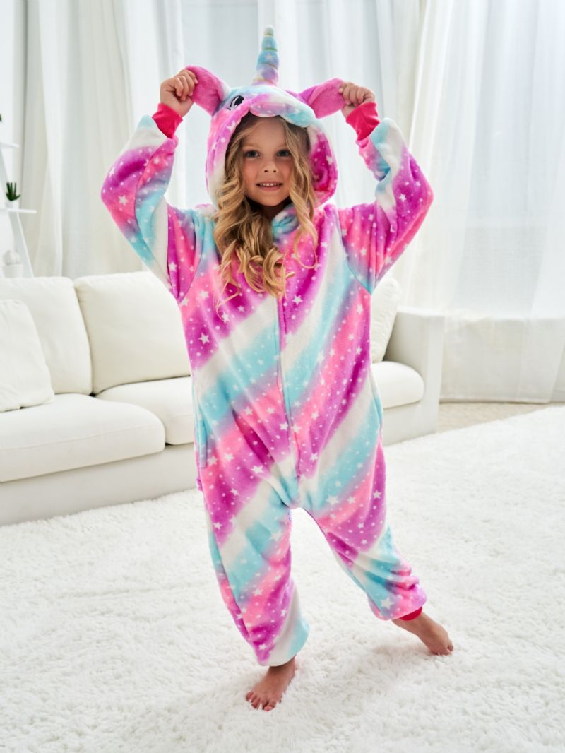 Flickor Casual Söt Tecknad Unicorn Hooded Pyjamas Med Regnbågsstjärna Tryck För Vintern