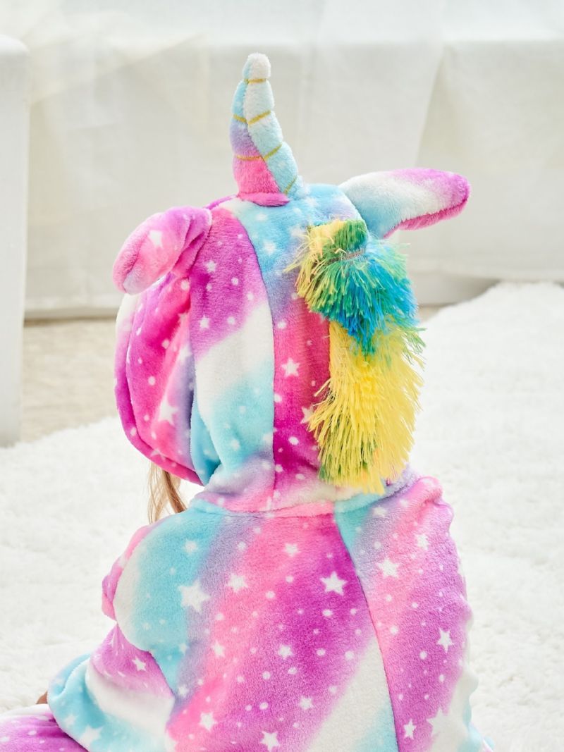 Flickor Casual Söt Tecknad Unicorn Hooded Pyjamas Med Regnbågsstjärna Tryck För Vintern