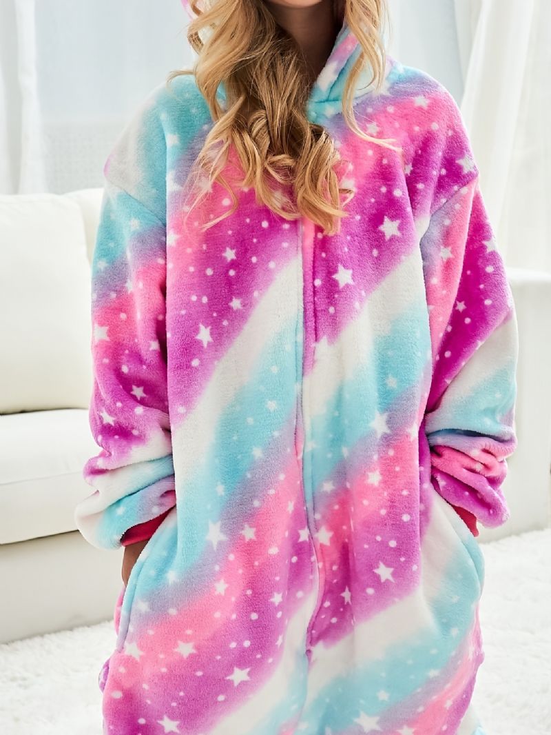 Flickor Casual Söt Tecknad Unicorn Hooded Pyjamas Med Regnbågsstjärna Tryck För Vintern