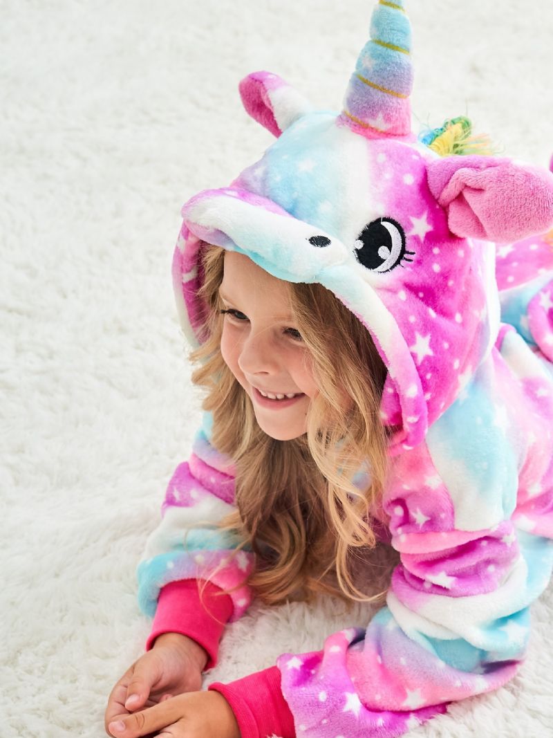 Flickor Casual Söt Tecknad Unicorn Hooded Pyjamas Med Regnbågsstjärna Tryck För Vintern