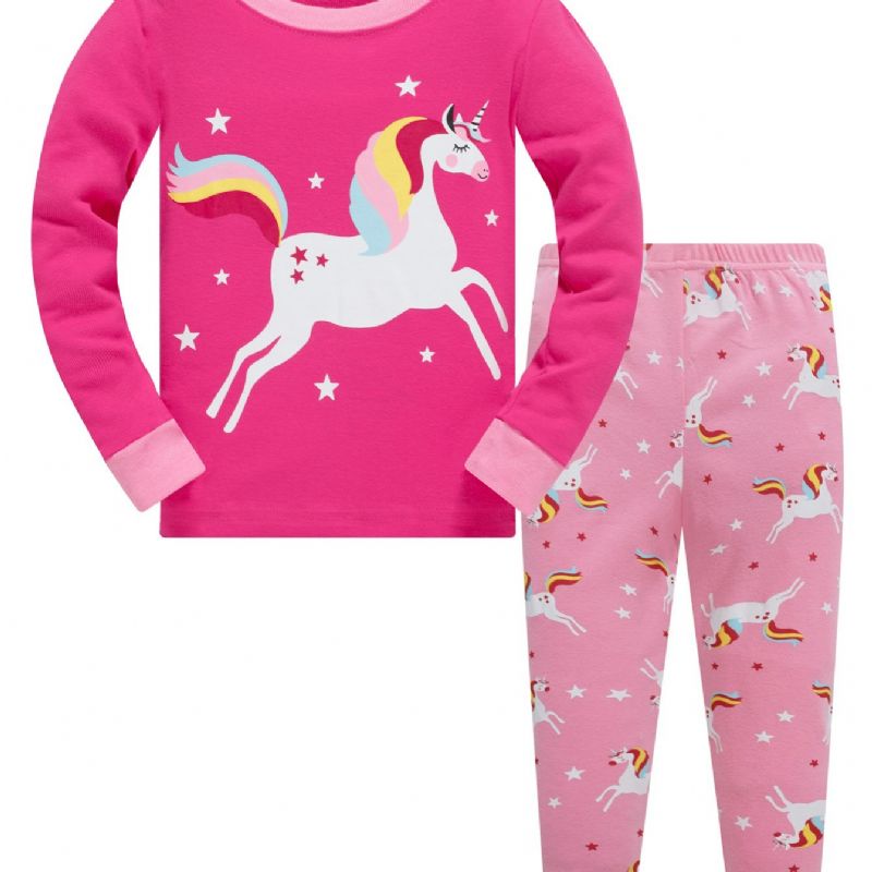 Flickor Color Unicorn Cartoon Animal Long Sleeve Pyjamas Set