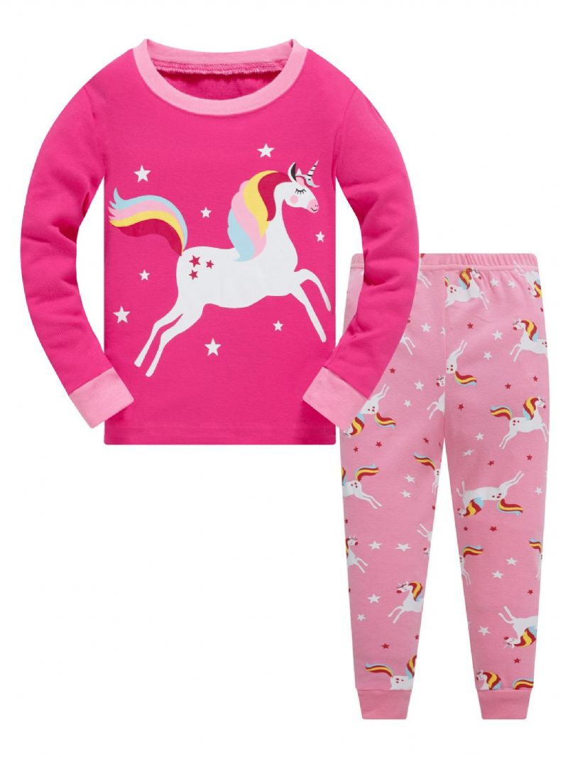 Flickor Color Unicorn Cartoon Animal Long Sleeve Pyjamas Set